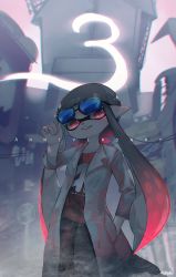 Rule 34 | 1girl, anniversary, bad id, bad twitter id, english text, eyewear lift, hand in pocket, head tilt, highres, inkling, inkling girl, inkling player character, kashu (hizake), lab coat, long hair, looking at viewer, monster girl, nintendo, parted lips, pointy ears, red eyes, red hair, red shirt, shade, shirt, signature, smile, solo, splatoon (series), standing, sunglasses, t-shirt, tentacle hair, very long hair