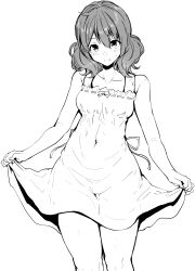 Rule 34 | 1girl, bare arms, bare shoulders, blush, closed mouth, collarbone, covered navel, dress, greyscale, hair between eyes, hibike! euphonium, highres, looking at viewer, mokufuu, monochrome, oumae kumiko, ribbon-trimmed dress, simple background, sleeveless, sleeveless dress, solo, sweat, white background