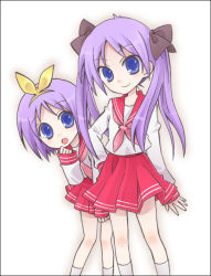 Rule 34 | 00s, 2girls, :o, ascot, behind another, black border, blue eyes, border, bow, hair bow, hand on own hip, hand to own mouth, hiiragi kagami, hiiragi tsukasa, kamoi hayato, looking at viewer, lucky star, multiple girls, neckerchief, peeking out, pink neckerchief, pink skirt, purple hair, school uniform, serafuku, short hair, siblings, sisters, skirt, smile, socks, standing, twins, twintails, white background, white legwear