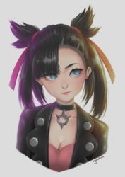 Rule 34 | 1girl, absurdres, artist name, black hair, black jacket, blue eyes, blush, breasts, choker, cleavage, closed mouth, collarbone, creatures (company), ear piercing, eyebrows, game freak, highres, jacket, looking at viewer, marnie (pokemon), medium breasts, nintendo, piercing, pokemon, pokemon swsh, ryumikooo, short hair, short twintails, solo, twintails, upper body