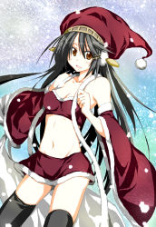 Rule 34 | 10s, 1girl, absurdres, alternate costume, bad id, bad pixiv id, bare shoulders, black hair, brown eyes, detached sleeves, hairband, haruna (kancolle), highres, kantai collection, long hair, long sleeves, looking at viewer, midriff, navel, personification, santa costume, shiryuu, solo, thighhighs, wide sleeves