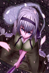 Rule 34 | 1girl, blue eyes, breasts, breasts squeezed together, cleavage, dutch angle, female focus, frills, from above, ginko (nico), hairband, impossible clothes, impossible shirt, katana, konpaku youmu, konpaku youmu (ghost), large breasts, looking at viewer, looking up, necktie, night, outdoors, parted lips, shiny clothes, shirt, silver hair, sitting, solo, sword, touhou, undone necktie, vest, wariza, weapon