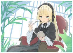 Rule 34 | 1girl, blonde hair, blue eyes, book, closed mouth, couch, gosick, gothic lolita, headdress, highres, holding, holding book, kawayabug, lolita fashion, long hair, plant, reading, sitting, smoking pipe, solo, victorica de blois, wide sleeves