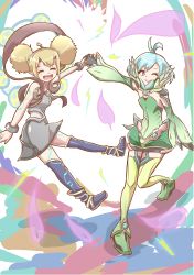 Rule 34 | 1boy, 1girl, :d, ahoge, bare shoulders, black gloves, blonde hair, blue footwear, boots, closed eyes, closed mouth, double bun, dress, electra (xenoblade), fangs, floren (xenoblade), full body, gloves, green footwear, green hair, green leotard, green sleeves, green thighhighs, grey dress, hair bun, holding hands, horns, leotard, looking at viewer, one eye closed, open mouth, pink eyes, pointy ears, short hair, sleeveless, sleeveless dress, smile, tattoo, thigh boots, thighhighs, trap, white background, xenoblade chronicles (series), xenoblade chronicles 2, yukara-msma