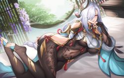 Rule 34 | 1girl, blush, bodysuit, breast curtain, breasts, clothing cutout, feet, genshin impact, hair ornament, hair over one eye, hand on own ass, highres, hip vent, kacyu, long hair, lying, on side, shenhe (genshin impact), shoulder cutout, silver hair, toeless legwear, toes, tongue, tongue out, underboob
