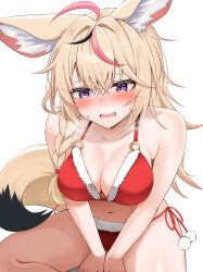 1girl absurdres animal_ear_fluff animal_ears bikini black_hair blonde_hair braid breasts cleavage fox_ears fox_girl fox_tail fur-trimmed_bikini fur_trim heart heart-shaped_pupils highres hololive long_hair micon multicolored_hair navel omaru_polka pink_hair pom_pom_(clothes) purple_eyes red_bikini santa_bikini solo streaked_hair sweatdrop swimsuit symbol-shaped_pupils tail virtual_youtuber