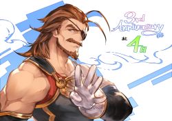 Rule 34 | 10s, 1boy, anniversary, brown hair, countdown, eugene (granblue fantasy), eyepatch, facial hair, gloves, granblue fantasy, green eyes, highres, long hair, looking at viewer, male focus, minaba hideo, muscular, mustache, official art, simple background, smile, solo, upper body, white background, white gloves