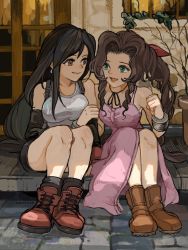 Rule 34 | 2girls, aerith gainsborough, bangle, bare shoulders, black gloves, black hair, black skirt, boots, bracelet, braid, braided ponytail, breasts, brick floor, brown eyes, brown footwear, brown hair, choker, door, dress, earrings, elbow gloves, final fantasy, final fantasy vii, front slit, full body, gainsborough house, gloves, green eyes, hair ribbon, highres, holding another&#039;s arm, house, jewelry, large breasts, long dress, long hair, looking at another, medium breasts, miniskirt pirates, multiple girls, open mouth, parted bangs, pink dress, pink ribbon, porch, red footwear, ribbon, shirt, sidelocks, sitting, skirt, sleeveless, sleeveless dress, sleeveless shirt, smile, square enix, suspenders, tifa lockhart, uzutanco, white shirt, window