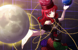 Rule 34 | 1girl, bad id, bad pixiv id, belt, chain, clothes writing, collar, earth (ornament), gradient background, hat, hecatia lapislazuli, highres, looking at viewer, moon (ornament), multicolored clothes, multicolored skirt, off shoulder, open mouth, plaid, plaid skirt, red eyes, red hair, shirt, short hair, short sleeves, skirt, solo, t-shirt, to megane, touhou