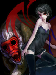 Rule 34 | 1girl, adapted costume, asymmetrical wings, bad id, bad pixiv id, bare arms, bare shoulders, black dress, black hair, black thighhighs, dress, empty eyes, houjuu nue, looking at viewer, monkey, nishi masakazu, red eyes, sleeveless, sleeveless dress, solo, thighhighs, touhou, wings, zettai ryouiki