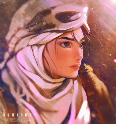 Rule 34 | 1girl, artist name, blurry, blush, brown eyes, brown hair, closed mouth, depth of field, goggles, goggles on head, head scarf, lens flare, looking afar, numyumy, portrait, realistic, rey (star wars), scarf, serious, solo, star wars, star wars: the force awakens, sunlight, sweatdrop, upper body, watermark, web address, white scarf
