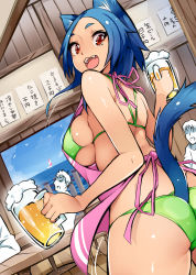 Rule 34 | 1girl, 3boys, alcohol, animal ears, apron, aruko (nac000), ass, beer, beer mug, bikini, blue hair, blush, breasts, cat ears, cat tail, cup, fangs, green bikini, highres, holding, large breasts, looking at viewer, looking back, mug, multiple boys, nac000, nearly naked apron, open mouth, original, red eyes, short hair, smile, swimsuit, tail, translation request