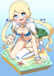 Rule 34 | + +, 1girl, :d, absurdres, asymmetrical legwear, bikini, blonde hair, blue background, blue bikini, breasts, bug, butterfly, cleavage, fantasy life, full body, gradient background, hand up, highres, insect, kurushima gire, medium breasts, mismatched legwear, ocean, open mouth, sand, seashell, shell, smile, solo, starfish, swimsuit, tree, twintails, water, yuelia (fantasy life)