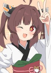 Rule 34 | + +, 1girl, ahoge, blunt bangs, blush, brown hair, hair intakes, hand on own hip, headgear, highres, japanese clothes, kimono, looking at viewer, one eye closed, open mouth, orange background, red eyes, sechin, short hair, sidelocks, simple background, smile, solo, sparkle, touhoku kiritan, twintails, upper body, v, voiceroid, white kimono, wide sleeves