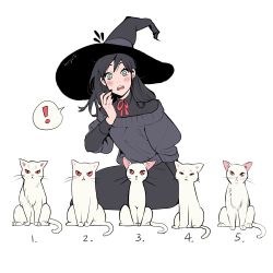 Rule 34 | !, 1girl, artist name, black hair, black nails, black sweater, blush, cat, commentary, english commentary, green eyes, hat, highres, large hat, long hair, looking at viewer, miyuli, morgana (miyuli), nail polish, off-shoulder sweater, off shoulder, open mouth, original, simple background, solo, spoken exclamation mark, sweater, take your pick, white background, white cat, witch, witch hat