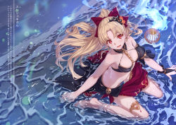 Rule 34 | 1girl, alternate costume, alternate hairstyle, barefoot, between breasts, bikini, birdcage, black bikini, blonde hair, breasts, cage, collarbone, colored eyelashes, contemporary, detached collar, earrings, ereshkigal (fate), fate/grand order, fate (series), from above, hair ribbon, hoop earrings, jewelry, legs, long hair, looking at viewer, lowleg, lowleg bikini, medium breasts, midriff, necklace, open mouth, parted bangs, ponytail, red bikini, red eyes, ribbon, sand, sarong, sitting, spine, stomach, swimsuit, water, wet, wet clothes, yachimoto