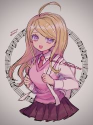 Rule 34 | 1girl, :d, ahoge, akamatsu kaede, beamed eighth notes, blonde hair, breasts, character name, cropped torso, danganronpa (series), danganronpa v3: killing harmony, dated, eighth note, fortissimo, grey background, hair ornament, highres, holding strap, long hair, long sleeves, looking at viewer, musical note, musical note hair ornament, narumame, necktie, open mouth, pleated skirt, quarter note, school uniform, shirt, sketch, skirt, smile, solo, sweater vest, twitter username, white shirt