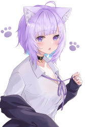 Rule 34 | 1girl, absurdres, ahoge, animal ear fluff, animal ears, blue hair, breasts, cat ears, cat girl, collar, collared shirt, colored inner hair, dress shirt, hand up, highres, hololive, long sleeves, looking at viewer, maegawa pic, medium breasts, medium hair, multicolored hair, neck ribbon, nekomata okayu, nekomata okayu (oversized shirt), open mouth, purple eyes, purple hair, purple ribbon, ribbon, shirt, simple background, sleeves past wrists, solo, unbuttoned, unbuttoned shirt, upper body, virtual youtuber, white background, white shirt
