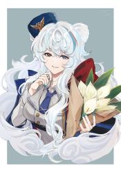 Rule 34 | 1girl, animal ears, arknights, bear ears, blue eyes, blue hair, blue hat, blue necktie, bouquet, buttons, collared shirt, curly hair, double-breasted, flower, fur hat, grey jacket, grey shirt, hat, heterochromia, highres, jacket, konota ko, long hair, long sleeves, looking at viewer, multicolored hair, nail polish, necktie, red eyes, rosa (arknights), shirt, simple background, smile, solo, streaked hair, tilted headwear, two-tone background, upper body, ushanka, white hair