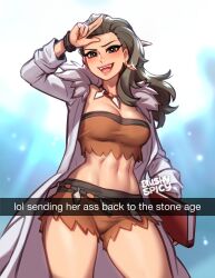 Rule 34 | 1girl, :d, artist name, blushyspicy, book, breasts, brown hair, coat, cowboy shot, creatures (company), earrings, english text, fangs, game freak, hand up, highres, holding, holding book, jewelry, lab coat, large breasts, long hair, looking at viewer, midriff, multicolored background, navel, necklace, nintendo, open clothes, open coat, open mouth, pokemon, pokemon sv, sada (pokemon), smile, snapchat, solo, sparkle, spoilers, stomach, teeth, upper teeth only