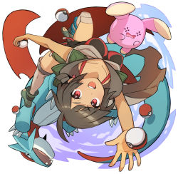 Rule 34 | 10s, 1girl, ankle boots, bad id, bad pixiv id, black hair, blue sky, boots, cloak, creatures (company), dark-skinned female, dark skin, game freak, gen 3 pokemon, grey thighhighs, holding, holding poke ball, looking at viewer, nintendo, open mouth, over-kneehighs, poke ball, pokemon, pokemon (creature), pokemon oras, red eyes, saitou naoki, salamence, short hair, short ponytail, short shorts, shorts, shoulder pads, sky, thighhighs, toeless footwear, upside-down, whismur, zinnia (pokemon)