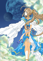 Rule 34 | 1girl, aa megami-sama, antenna hair, ass, belldandy, butt crack, joy division, long hair, looking at viewer, looking back, no panties, own hands together, ponytail, pussy, smile, solo, very long hair