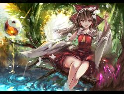 Rule 34 | 1girl, ascot, bow, brown hair, detached sleeves, dress, forest, hair bow, hair tubes, hakurei reimu, highres, in tree, letterboxed, long sleeves, moruchi (rinaka moruchi), nature, nontraditional miko, open mouth, petals, red dress, red eyes, sitting, sitting in tree, smile, soaking feet, solo, touhou, tree, wide sleeves, yin yang