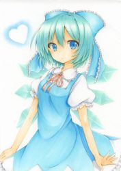 Rule 34 | 1girl, blue eyes, blue hair, bow, cirno, dress, expressionless, frilled dress, frilled sleeves, frills, hair bow, heart, kinoko0120, puffy short sleeves, puffy sleeves, short hair, short sleeves, touhou, traditional media, wings