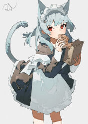 Rule 34 | 1girl, animal ears, apron, bag, blue hair, cat ears, cat girl, cat tail, commentary request, cowboy shot, dress, eating, facing viewer, food, frilled dress, frills, highres, holding, holding bag, holding food, looking ahead, maid headdress, medium hair, original, paper bag, potg (piotegu), red eyes, simple background, solo, standing, tail, white apron, white background