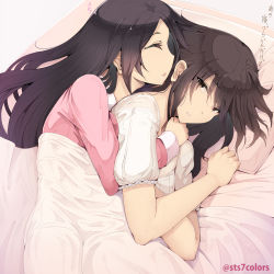 Rule 34 | 2girls, artist name, black hair, blanket, brown eyes, commentary request, drooling, frilled sleeves, frills, head on pillow, hug, hug from behind, long hair, lying, multiple girls, on bed, on side, original, parted lips, pink shirt, puffy short sleeves, puffy sleeves, saliva, shirt, short sleeves, sleeping, sts, translation request, under covers, white shirt, yuri