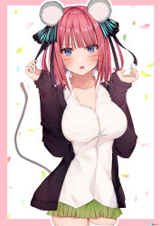 Rule 34 | 1girl, absurdres, animal ears, arms up, black cardigan, black ribbon, blue eyes, blue nails, blunt bangs, blush, breasts, butterfly hair ornament, button gap, cardigan, cleavage, collarbone, go-toubun no hanayome, green skirt, hair ornament, highres, large breasts, looking at viewer, mouse ears, mouse tail, nail polish, nakano nino, new year, open cardigan, open clothes, parted lips, pink hair, ribbon, shirt, simple background, skindentation, skirt, sleeves past wrists, tail, thick thighs, thighhighs, thighs, twintails, uiri-na, v-shaped eyebrows, whiskers, white shirt, white thighhighs, zettai ryouiki