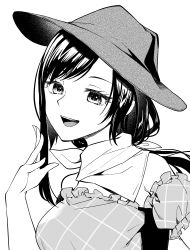Rule 34 | 1girl, :d, absurdres, bandana, bare shoulders, breasts, cowboy hat, gradient background, greyscale, hand up, hat, highres, kaede (mmkeyy), kurokoma saki, large breasts, long hair, looking at viewer, monochrome, off-shoulder shirt, off shoulder, open mouth, shirt, short sleeves, smile, solo, swept bangs, touhou, upper body