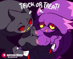 Rule 34 | 2girls, animated, animated gif, artist name, banette, blush, breasts, clothes pull, collarbone, colored sclera, creatures (company), diives, dress, dress pull, english text, female focus, furry, furry female, game freak, gen 3 pokemon, gen 4 pokemon, ghost, half-closed eyes, halloween, hand up, looking at viewer, mismagius, multiple girls, nintendo, nipples, no bra, patreon logo, patreon username, personification, pokemon, pokemon (creature), pokemon dppt, pokemon rse, purple background, purple dress, red eyes, red sclera, short dress, simple background, smile, talking, teeth, text focus, tongue, tongue out, watermark, yellow sclera, yuri