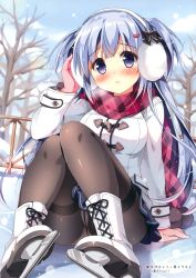 Rule 34 | 1girl, absurdres, arm support, bare tree, black bow, black pantyhose, black skirt, blue eyes, blue hair, blue skirt, blurry, blush, bokeh, boots, bow, breasts, breath, closed mouth, coat, cross-laced footwear, crotch seam, depth of field, earmuffs, frown, gloves, grey pantyhose, hair bow, hair ornament, head tilt, heart, heart hair ornament, highres, ice, ice skates, ice skating, lace-up boots, long hair, long sleeves, looking at viewer, matching hair/eyes, medium breasts, miniskirt, original, outdoors, pan (mimi), panties, panties under pantyhose, pantyhose, pantyshot, pink gloves, pink panties, plaid, plaid scarf, pom pom (clothes), railing, scarf, shoes, sitting, skates, skating, skirt, snow, snowing, solo, thighband pantyhose, tree, two side up, underwear, upskirt, very long hair, white footwear, winter