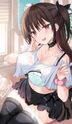 Rule 34 | 1girl, aqua bra, black choker, black skirt, black thighhighs, blush, bra, bra visible through clothes, breasts, brown hair, choker, cleavage, clothes lift, commentary request, hair ornament, highres, indoors, large breasts, lifted by self, looking at viewer, off shoulder, original, red eyes, sanshoku amido, scrunchie, see-through, see-through shirt, shirt, sitting, skirt, smile, thighhighs, underwear, wet, wet clothes, wet shirt, white shirt, wrist scrunchie