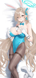 Rule 34 | 1girl, absurdres, animal ears, asuna (blue archive), asuna (bunny) (blue archive), between breasts, black pantyhose, blue archive, blue bow, blue bowtie, blue eyes, blue leotard, bow, bowtie, breasts, brown hair, cirilla lin, detached collar, explosive, fake animal ears, feet out of frame, gloves, grenade, grin, halo, hands on own chest, highres, large breasts, leotard, long hair, looking at viewer, mole, mole on breast, official alternate costume, on bed, pantyhose, playboy bunny, rabbit ears, smile, solo, strapless, strapless leotard, thighband pantyhose, very long hair, white gloves