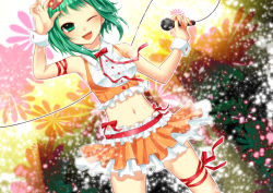 Rule 34 | 1girl, ;d, green eyes, green hair, gumi, highres, matching hair/eyes, microphone, midriff, nail polish, navel, one eye closed, open mouth, skirt, smile, solo, vocaloid, wink, yayoi (egoistic realism)