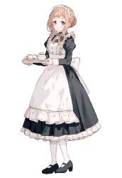 Rule 34 | 1girl, apron, black dress, black footwear, brown eyes, brown ribbon, closed mouth, cup, dress, frilled apron, frilled dress, frilled hairband, frills, full body, hair bun, hairband, highres, holding, holding tray, juliet sleeves, light brown hair, long sleeves, looking at viewer, maid, maid apron, maid headdress, mary janes, migolu, neck ribbon, original, pantyhose, puffy sleeves, ribbon, shoes, sidelocks, simple background, solo, standing, teacup, teapot, tray, white apron, white background, white headdress, white pantyhose