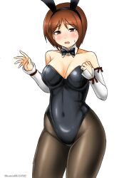 Rule 34 | 1girl, alternate costume, animal ears, black bow, black bowtie, black leotard, black pantyhose, blush, bow, bowtie, breasts, brown eyes, brown hair, covered navel, detached collar, detached sleeves, embarrassed, fake animal ears, highleg, highleg leotard, kantai collection, kudou (ooabareteng), leotard, medium breasts, natori (kancolle), open mouth, pantyhose, playboy bunny, rabbit ears, short hair, simple background, solo, strapless, strapless leotard, sweatdrop, twitter username, white background, wrist cuffs