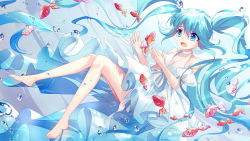 Rule 34 | 1girl, aqua hair, barefoot, bison cangshu, blue eyes, dress, fish, gradient background, hatsune miku, highres, long hair, open mouth, solo, twintails, very long hair, vocaloid