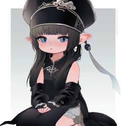 Rule 34 | 1girl, black dress, black hair, blue eyes, blush, detached sleeves, dress, expressionless, final fantasy, final fantasy xiv, flat chest, hat, highres, lalafell, long hair, looking at viewer, military hat, pointy ears, sitting, sketch, sliteof1789, solo