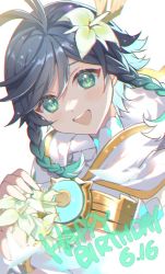 Rule 34 | 1boy, aqua eyes, black hair, blue hair, braid, capelet, commentary, crop top, flower, genshin impact, gold trim, gradient hair, hair flower, hair ornament, happy birthday, highres, hood, hooded capelet, ina (t play1125), male focus, multicolored hair, official alternate costume, open mouth, shirt, short hair with long locks, smile, solo, twin braids, venti (archon) (genshin impact), venti (genshin impact), white flower, white shirt