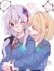 2girls blonde_hair blue_jacket glasses green_eyes grey_hair hair_ornament hair_over_one_eye hair_over_shoulder hairclip heart heaven_burns_red hug hug_from_behind izumi_yuki_(heaven_burns_red) jacket kayamori_ruka long_hair long_sleeves low-tied_long_hair match_neco multiple_girls red_eyes round_eyewear shirt short_hair white_shirt yuri