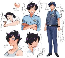 Rule 34 | 1girl, absurdres, black hair, blue shirt, blush, breasts, character sheet, commentary request, eyelashes, female service cap, gun, handgun, hat, hibiki (police and lady), highres, long hair, multiple views, open mouth, osg pk, pants, police, police and lady, police hat, police uniform, policewoman, reverse trap, revolver, shirt, short hair, simple background, smile, teeth, tomboy, translation request, uniform, weapon, white background