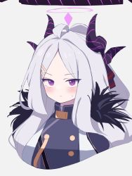 Rule 34 | 1girl, absurdres, ahoge, black jacket, blue archive, blush, cropped torso, grey background, grey hair, hair ornament, hairclip, halo, highres, hina (blue archive), horns, jacket, long hair, looking at viewer, multiple horns, parted bangs, purple eyes, simple background, solo, sweat, uhouhogorigori, upper body