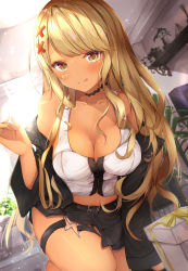 Rule 34 | 1girl, absurdres, black choker, black jacket, black skirt, blonde hair, box, breasts, choker, cleavage, collarbone, dark-skinned female, dark skin, fang, gift, gift box, hair ornament, highres, indoors, jacket, kaminari qpi, large breasts, licking lips, long hair, looking at viewer, midriff, miniskirt, navel, off shoulder, open clothes, open jacket, rumiko (rmeco), skin fang, skirt, smile, solo, swept bangs, tan, thigh strap, thighs, tongue, tongue out, very long hair, vest, virtual youtuber, vspo!, white vest, x hair ornament, yellow eyes
