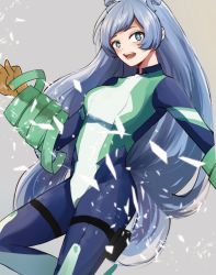 Rule 34 | 1girl, :d, blue bodysuit, blue eyes, blue hair, bodysuit, boku no hero academia, breasts, commentary request, covered collarbone, drill hair, gloves, glowing, green bodysuit, grey background, hadou nejire, highres, long hair, looking at viewer, miyanami 3, open mouth, orange gloves, simple background, skin tight, smile, solo, teeth, very long hair, white bodysuit, white gloves