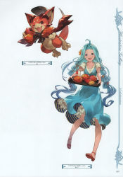 Rule 34 | 1girl, absurdres, blonde hair, blue eyes, burger, collarbone, dragon, dress, flower, food, granblue fantasy, hair flower, hair ornament, highres, holding, looking at viewer, lyria (granblue fantasy), minaba hideo, official art, one eye closed, open mouth, page number, parted bangs, scan, short sleeves, simple background, smile, toeless footwear, vyrn (granblue fantasy)