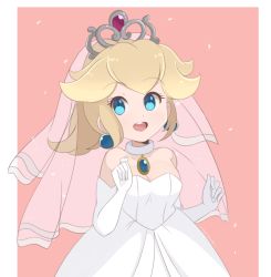 Rule 34 | 1girl, alpha transparency, blonde hair, blue eyes, brooch, chocomiru, choker, collarbone, commentary, crown, dress, earrings, elbow gloves, english commentary, eyes visible through hair, flower, gloves, jewelry, long hair, looking to the side, mario (series), nintendo, ponytail, princess peach, princess peach (wedding), solo, strapless, strapless dress, super mario odyssey, tiara, transparent background, upper body, veil, wedding dress, white choker, white dress, white gloves