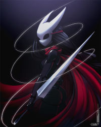 Rule 34 | 1girl, black background, black bodysuit, black hair, bodysuit, cape, covered face, cowboy shot, highres, holding, holding weapon, hollow knight, hornet (hollow knight), humanization, joints, loen, long hair, low-tied long hair, mask, needle (hollow knight), red cape, reverse grip, silk, solo, standing, twitter username, weapon